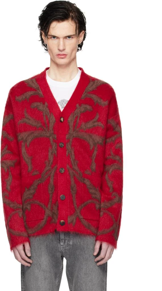 Versace Red & Brown Acanthus Leaves Mohair-Blend Cardigan 1