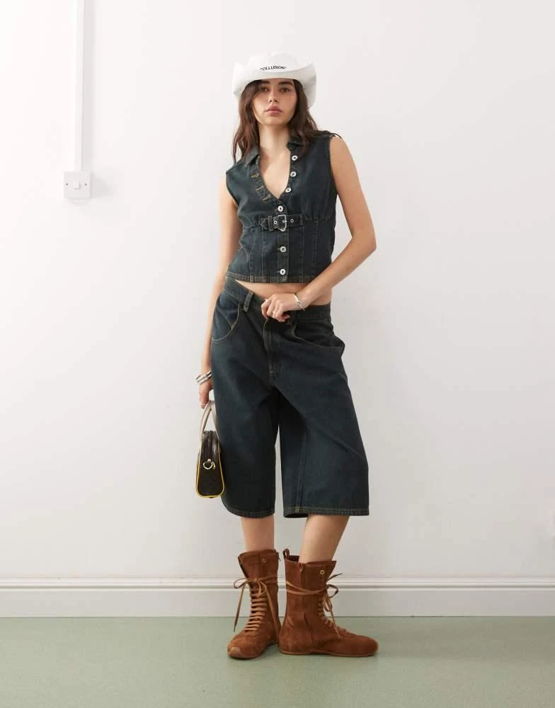 COLLUSION COLLUSION denim buckle waistcoat co-ord in green wash 3