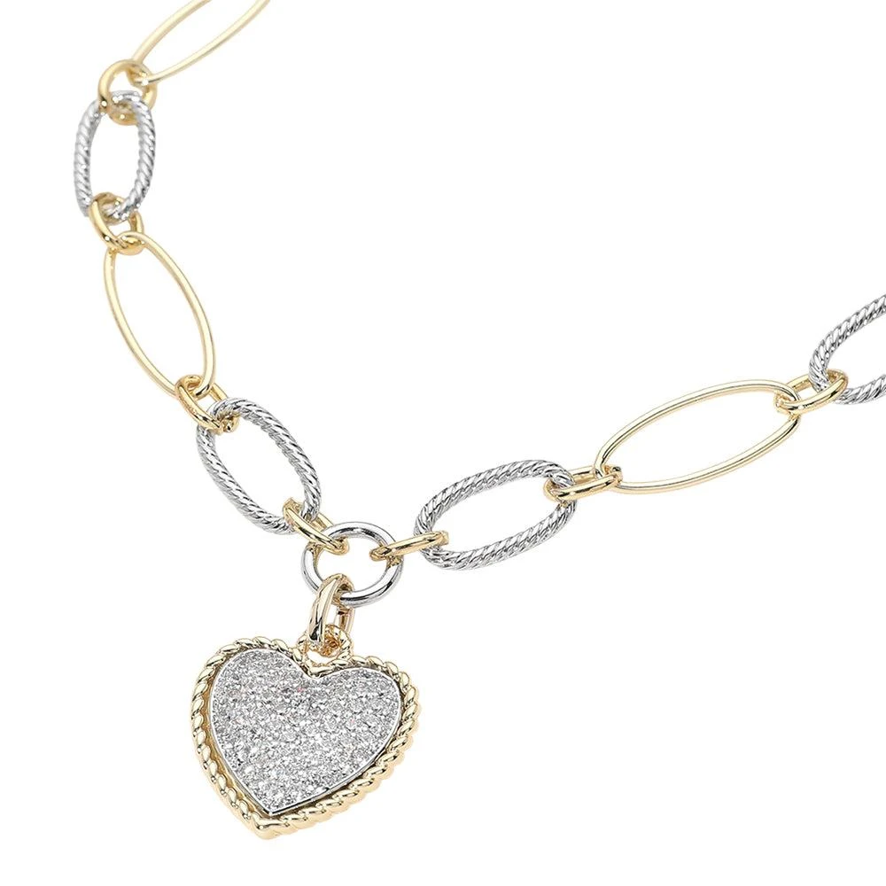 FASHNZFAB 14K Gold Plated Two Tone Oval Link CZ Pave Heart Pendant Necklace 2