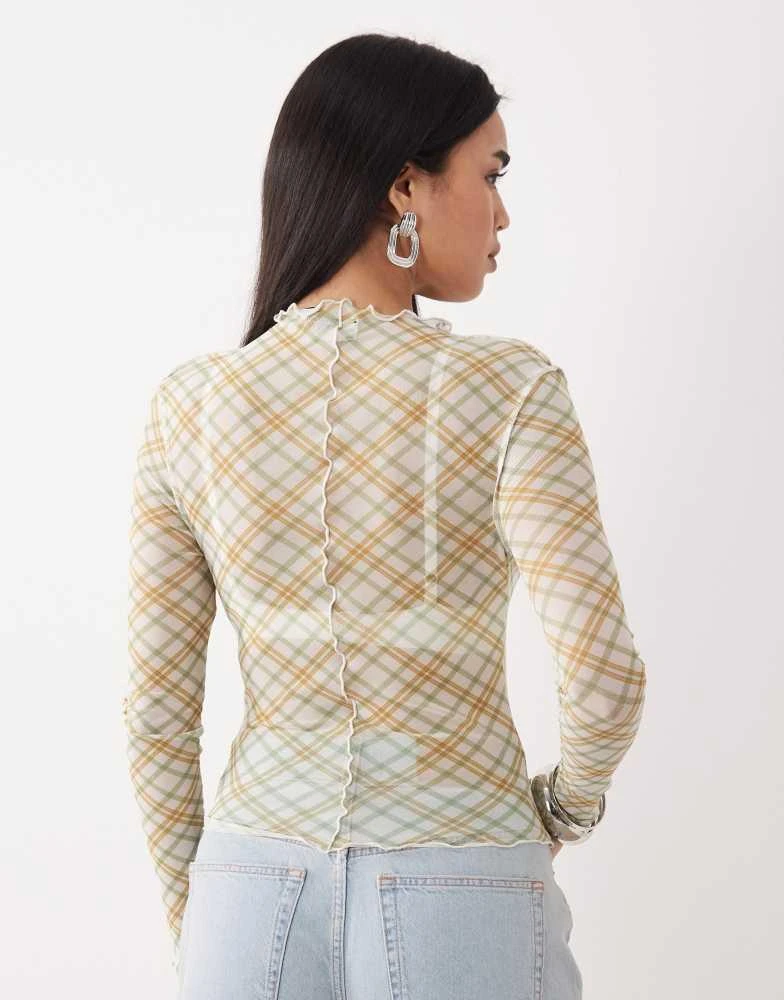 ASOS ASOS DESIGN mesh long sleeve lettuce hem top in green check 4