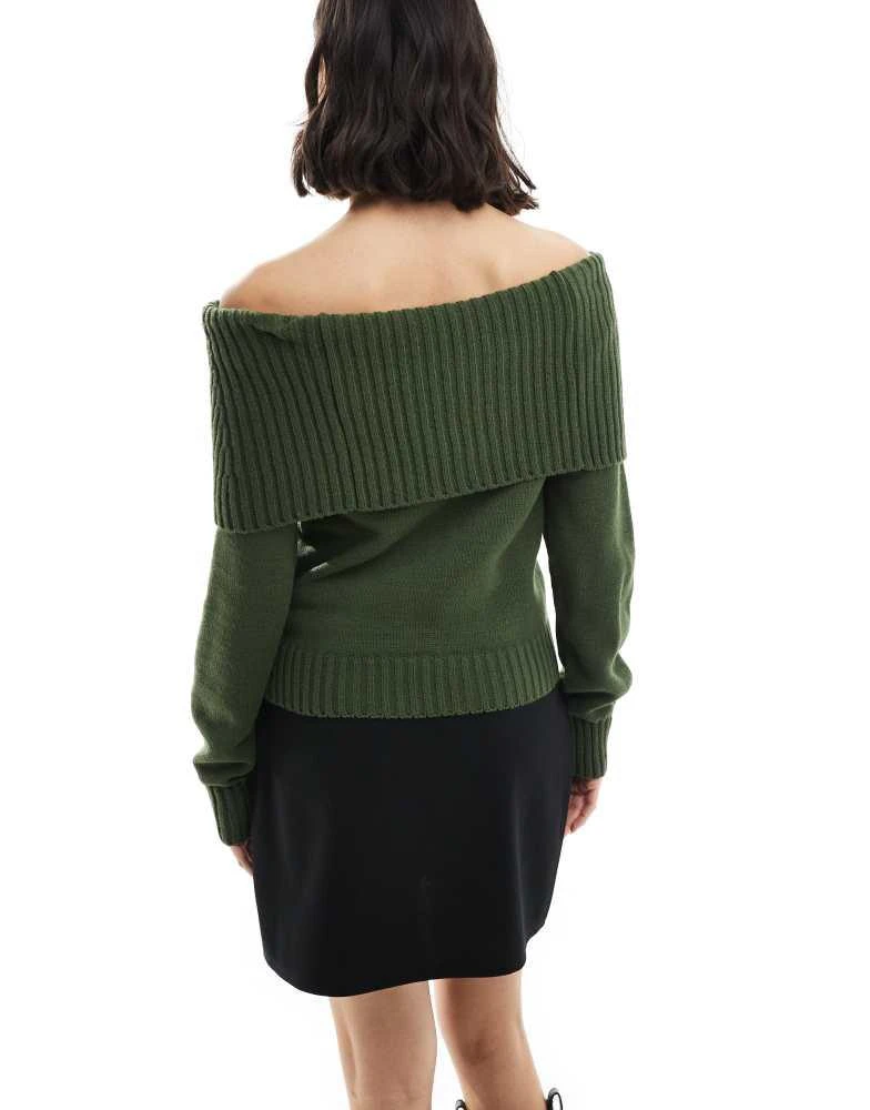 ASOS ASOS DESIGN knitted bardot jumper with rib detail in olive 3