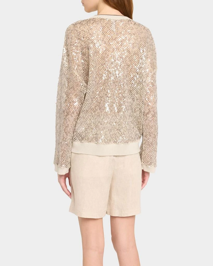 Brunello Cucinelli Linen-Silk Paillette Open Knit Crewneck Sweater 3