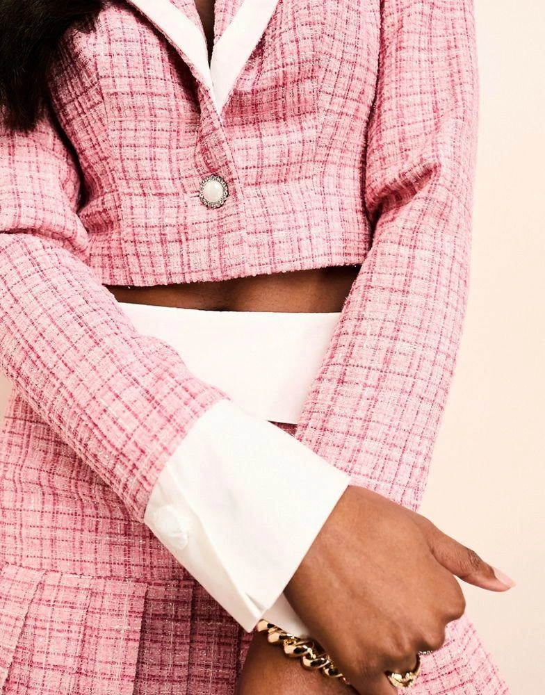 ASOS LUXE ASOS LUXE co-ord boucle crop blazer with poplin collar detail in pink 2