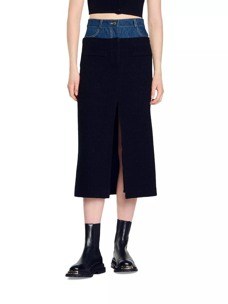 Sandro Dual-Material Denim and Tweed Skirt 2