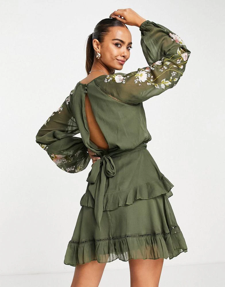 ASOS DESIGN ASOS DESIGN blouson sleeve tiered mini dress with cross stitch embroidery detail and tie in khaki 3