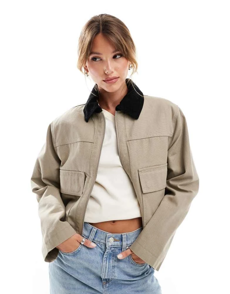 ASOS ASOS DESIGN cropped pocket canvas jacket in stone 1