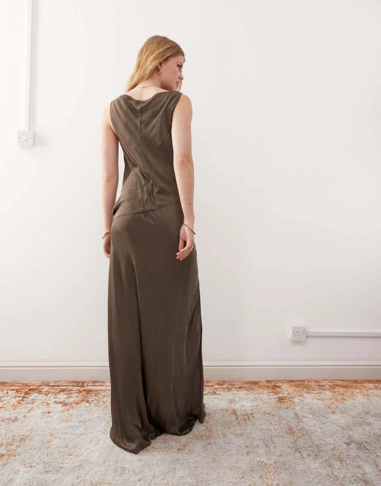Weekday boat neck bias cut satin maxi dress in dark mole-Brown