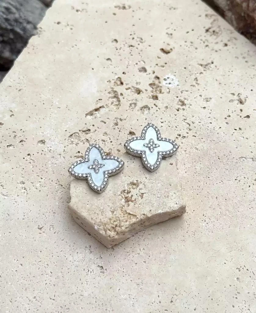 ADORNIA Silver CZ Mother of Pearl Statement Flower Stud Earrings 4