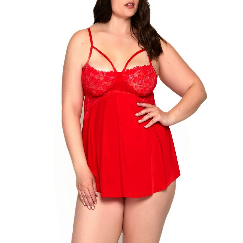 iCollection Women's Plus Size Heart Lace Cup Babydoll and Panty Lingerie Set