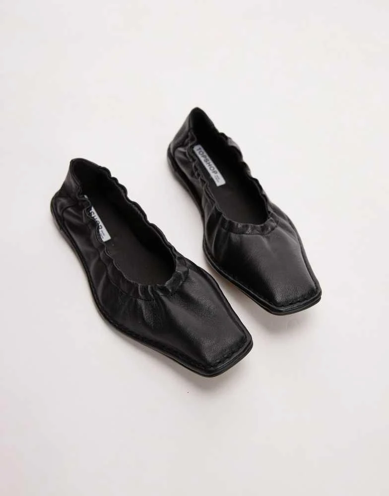 Topshop Topshop Casey premium leather square toe ballet flats with ruched detail in black 2