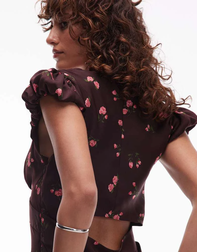 Mango Mango scoop neck floral midi dress in brown 2