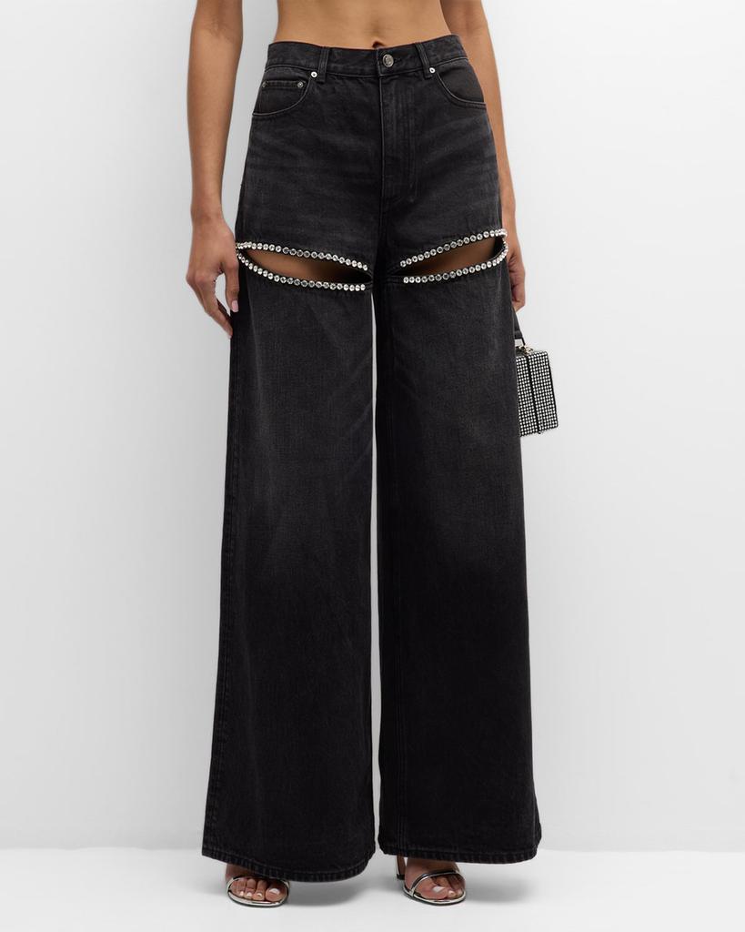 AREA High-Rise Crystal Slit Wide-Leg Jeans