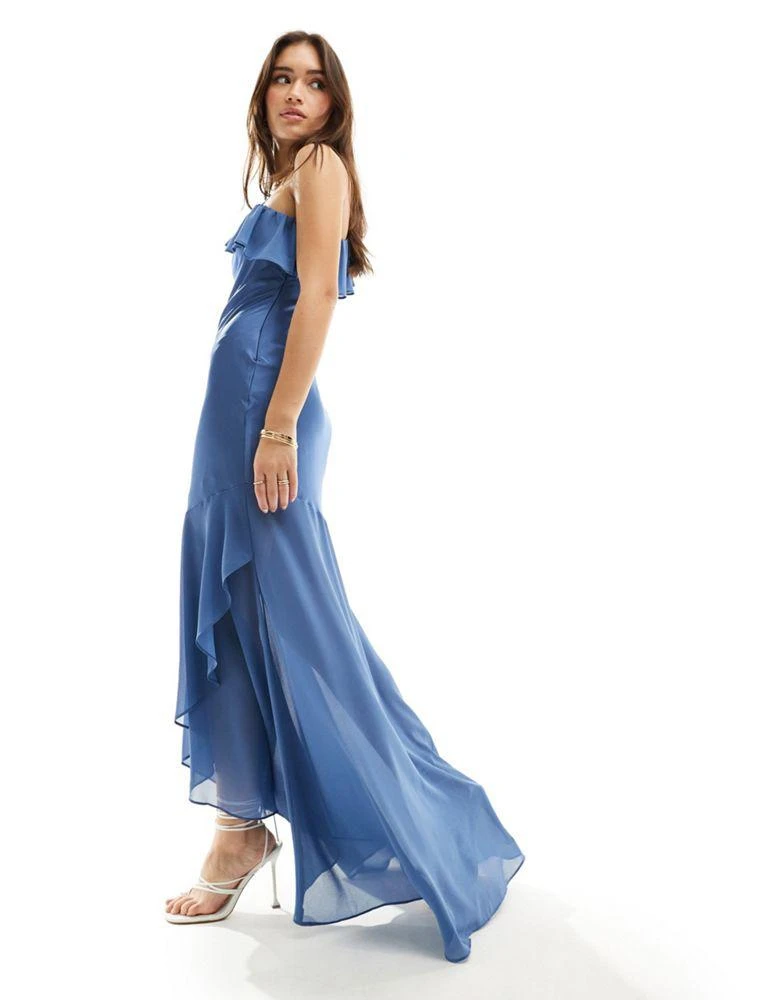 TFNC TFNC Bridesmaid satin one shoulder ruffle maxi dress in aster blue 4
