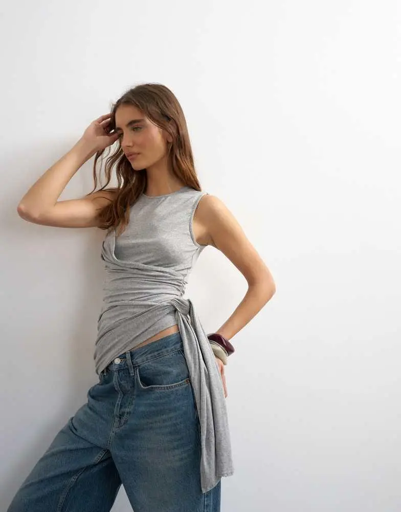 Topshop Topshop wrap scarf tie detail sleeveless tank in grey marl