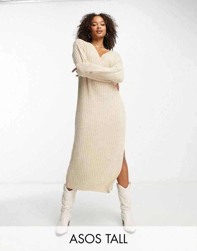 ASOS Tall ASOS DESIGN Tall knitted maxi jumper dress with v neck in oatmeal 1