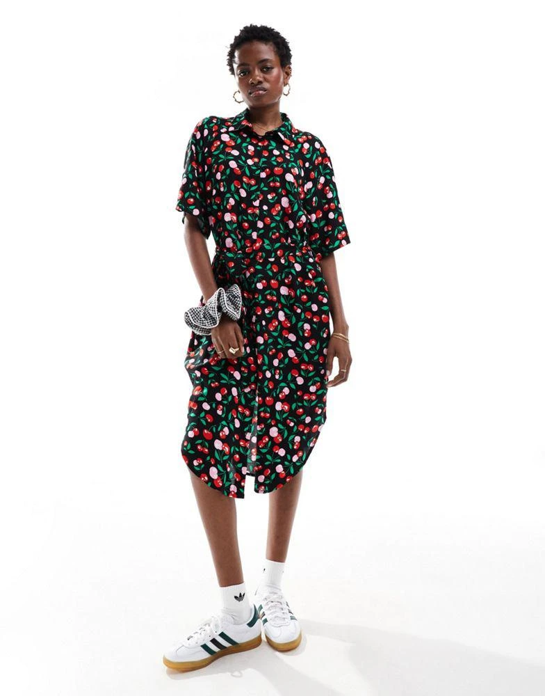 Monki Monki tie waist midi shirt dress in black cherry print exclusive to ASOS 4