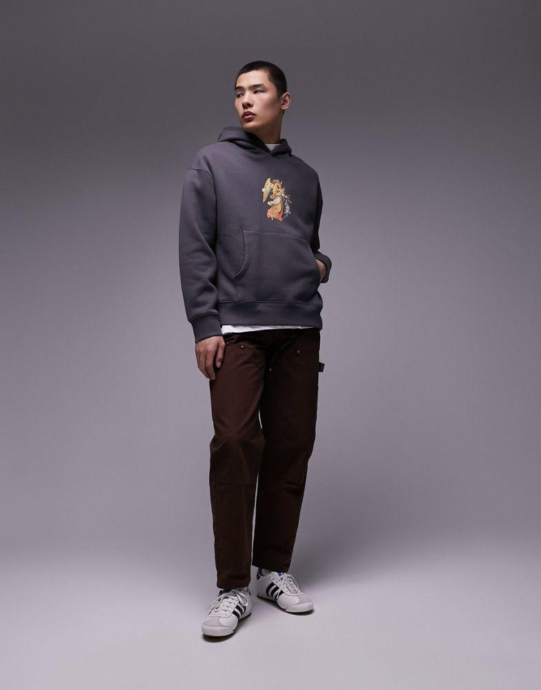 Topman Topman oversized hoodie with angel chest print in charcoal