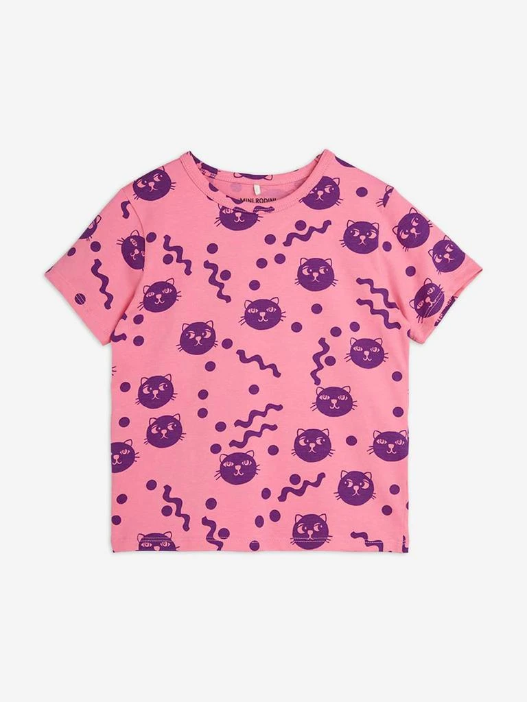 Mini Rodini Girls Squiggly Cats AOP T-Shirt in Pink 1