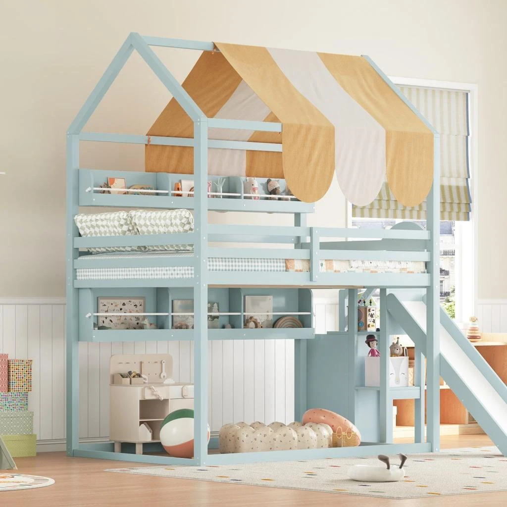 Streamdale Furniture Streamdale Full Size house Bed with Canopy, Slide 
Built-In Bookshelves, Light green