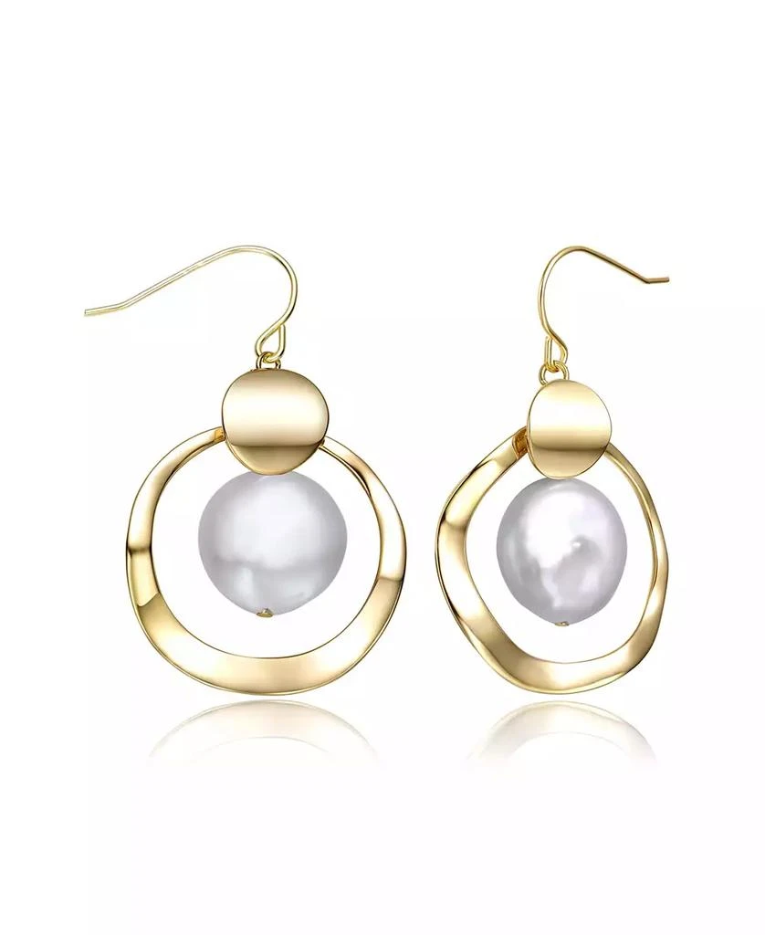 Genevive Sterling Silver 14k Yellow Gold Plated with White Freshwater Pearl Concentric Halo Dangle Drop Earrings 2