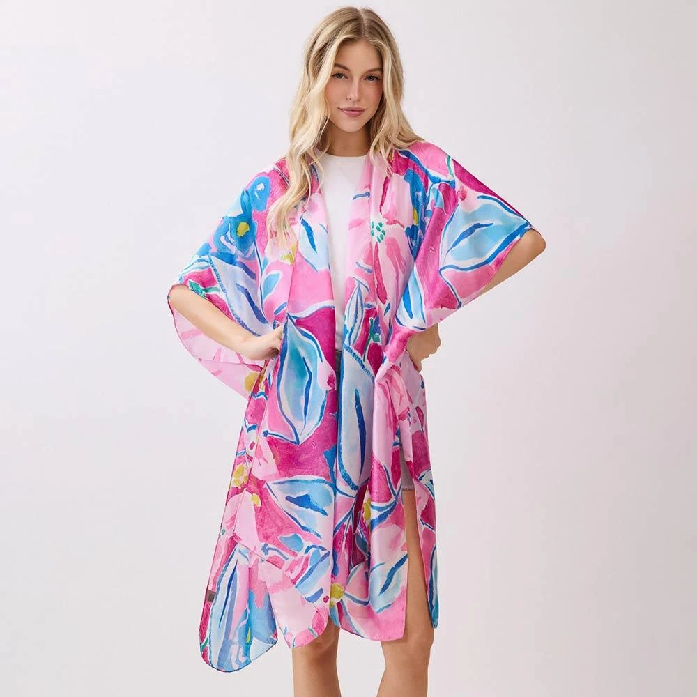 TRUEDAMES Vibrant Botanical Floral Print Silky Feel Kimono Poncho