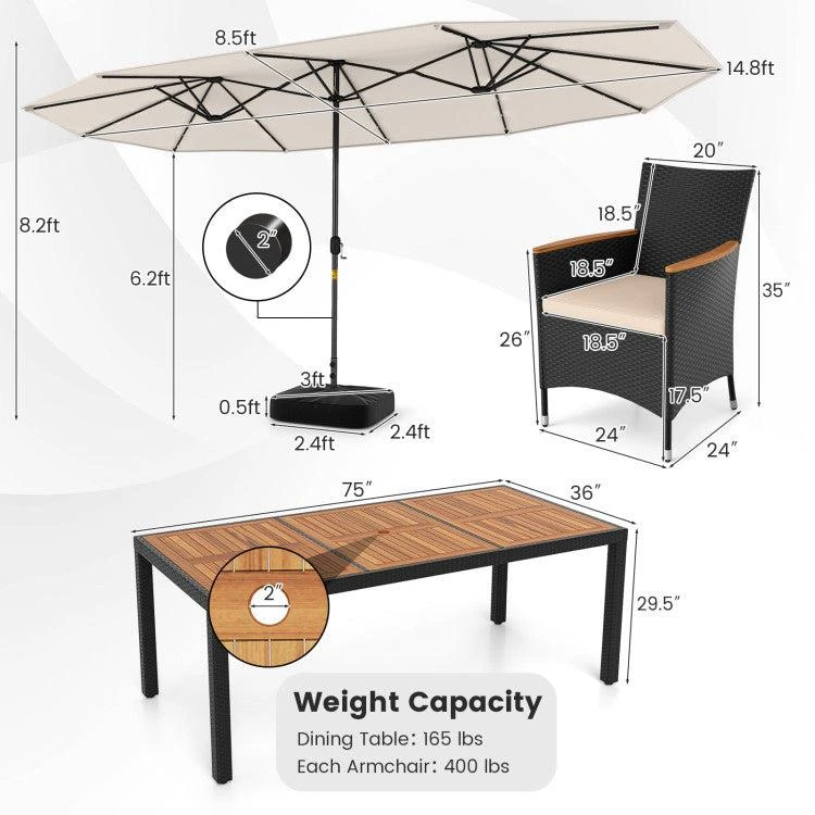 Hivvago 11 Pieces Patio Dining Set with LED Patio Umbrella with Base and Seat Cushions 6
