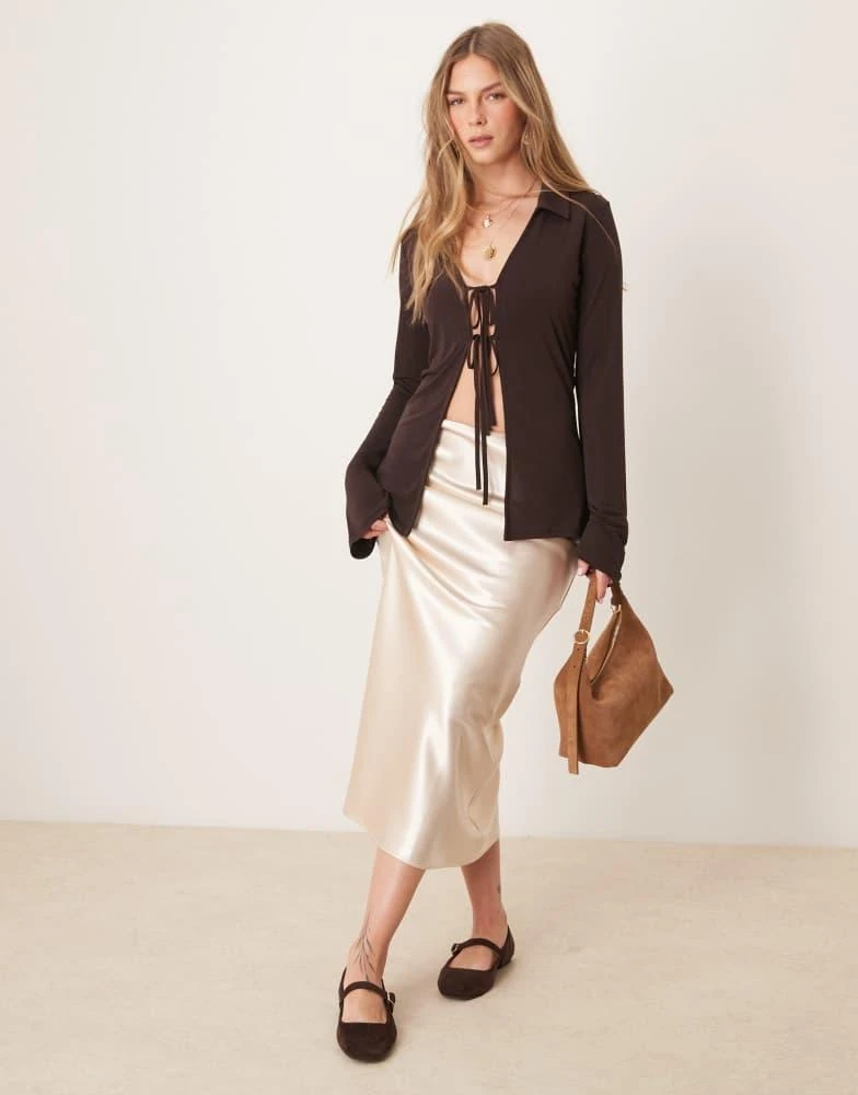 GINA TRICOT Gina Tricot collar tie front cardigan top in brown 2