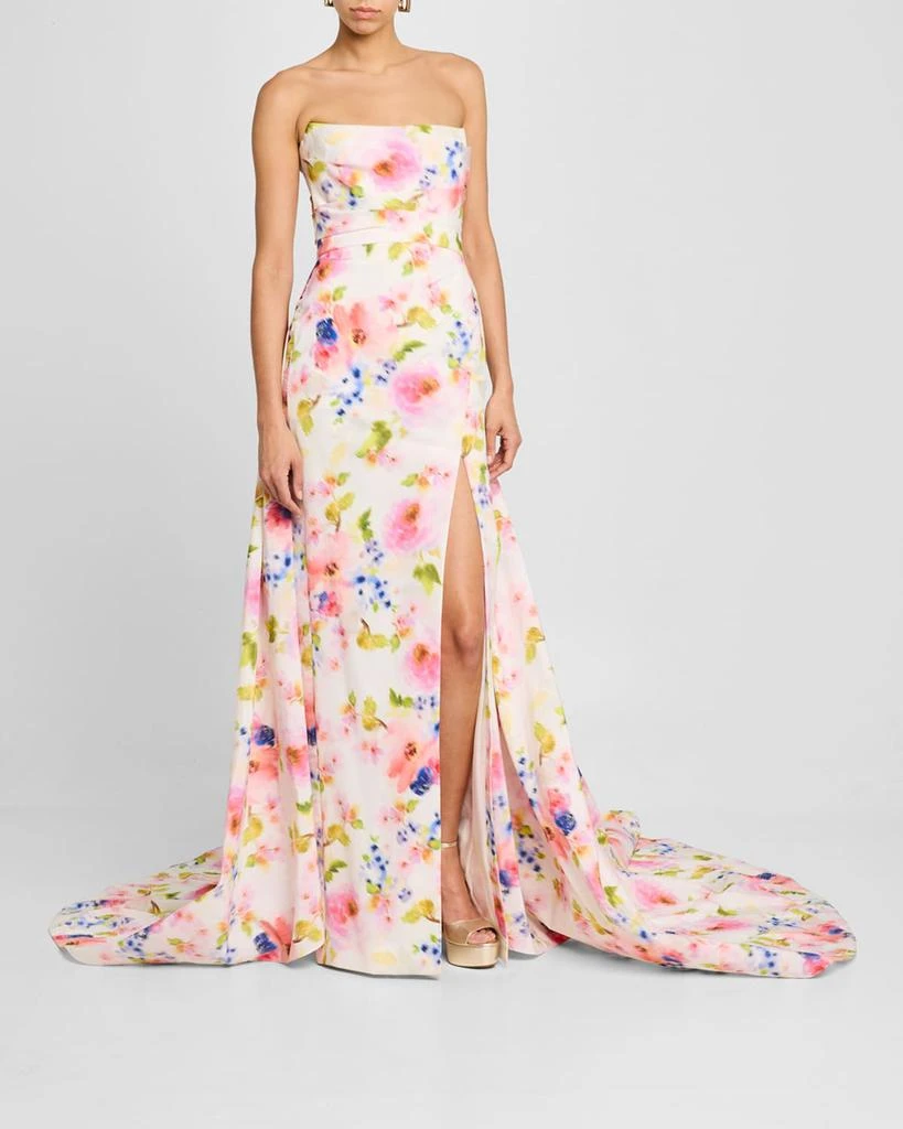 Pamella Roland Strapless White Multi Floral Taffeta Overskirt-Train Gown 4