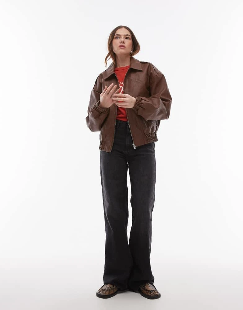 Topshop Topshop faux leather oversized bomber jacket in brown 2