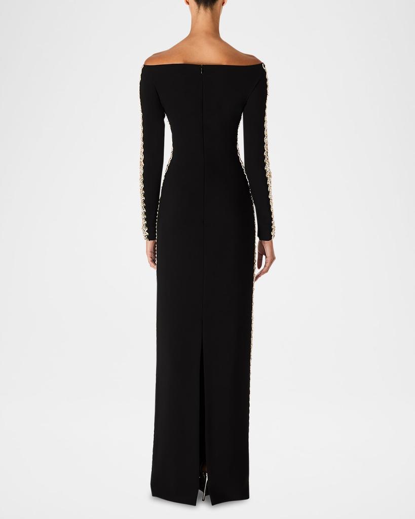 Jenny Packham Charisma Crystal Off-The-Shoulder Long-Sleeve Gown