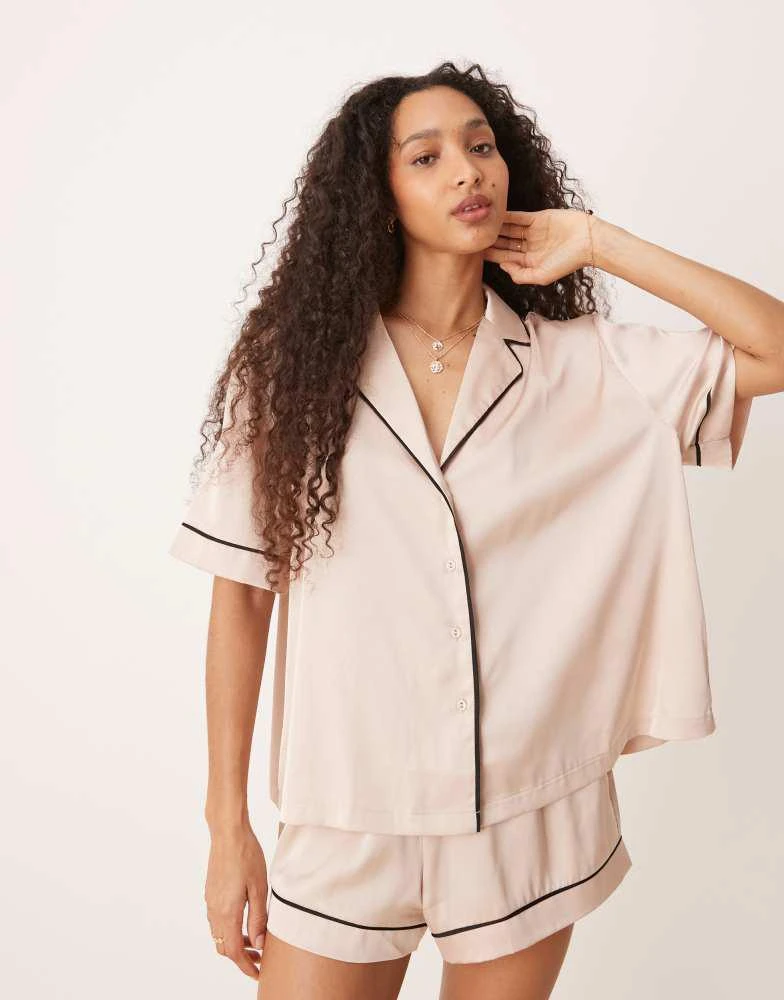 ASOS ASOS DESIGN oversized satin short sleeve shirt and short pyjama set in light pink 2