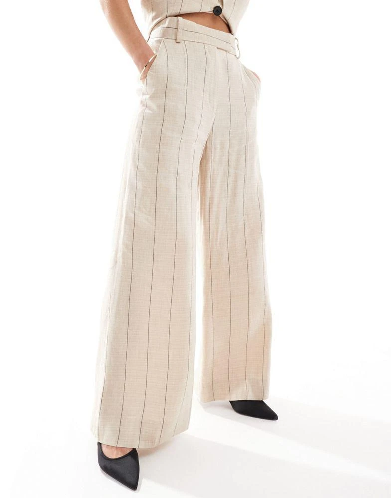 & Other Stories & Other Stories linen wide leg tailored trousers in beige with black pinstripes 5