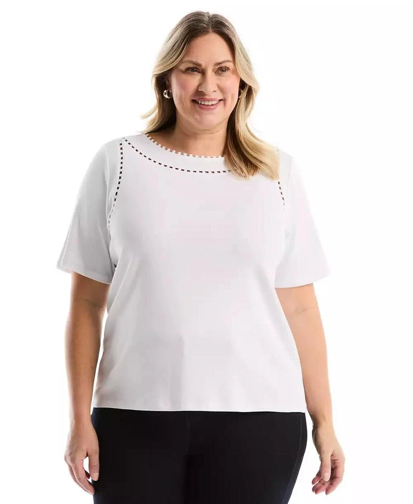 Rafaella Plus Size Pom Trim Detail Short-Sleeve Top