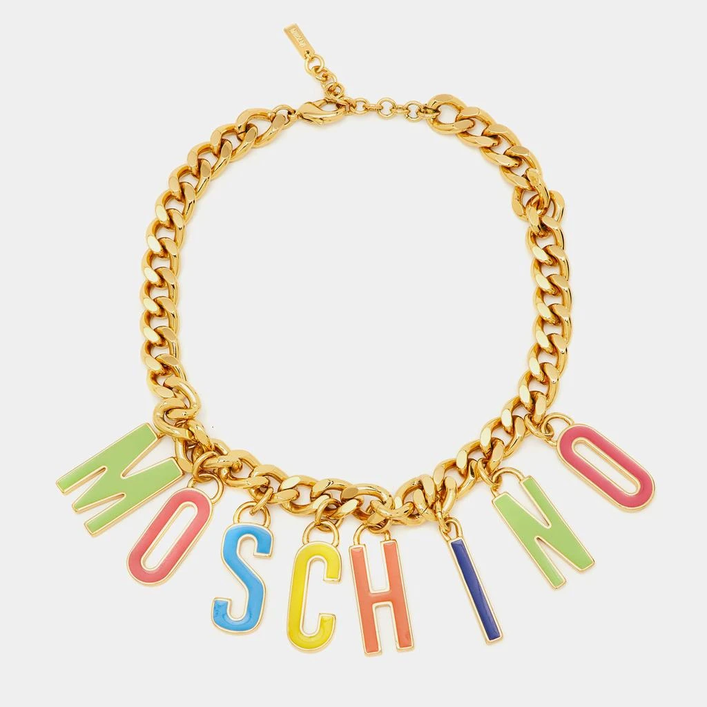 Moschino Moschino Multicolor Enameled Logo Charms Curb Gold Tone Chain Necklace