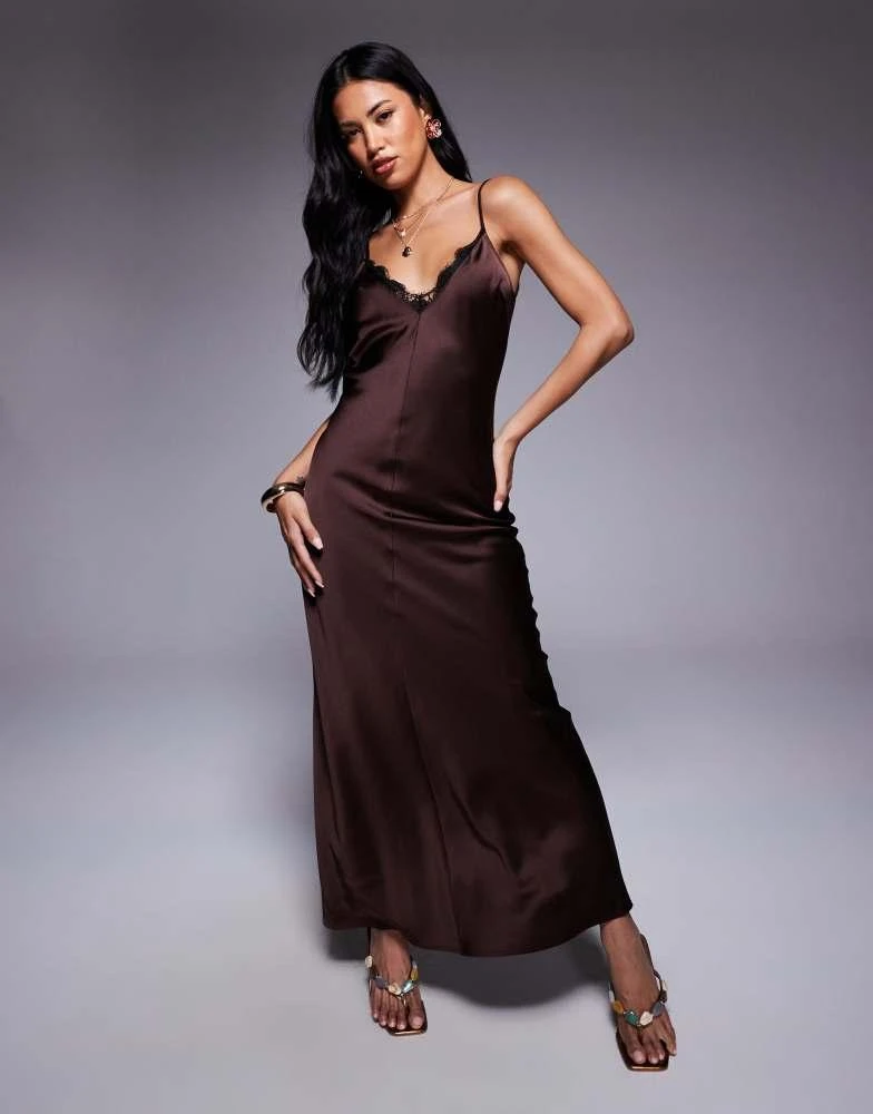 brown satin dress asos Rent Asos Edition Satin Cami Maxi Dress With Drape Detail In Mocha Brown main image 0