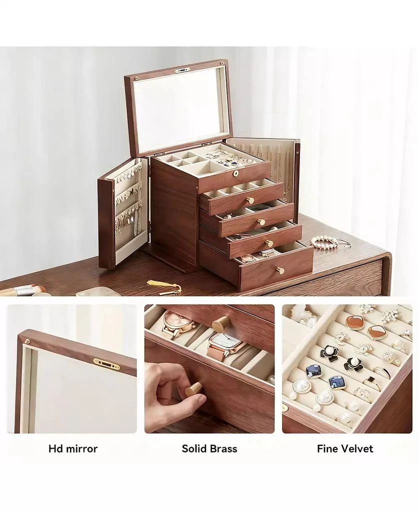 YIGII Luxury Walnut Jewelry Organizer with Mirror and Lock 3