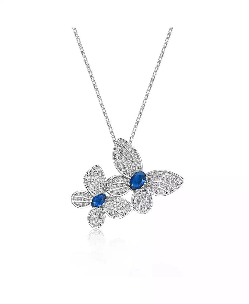 Genevive Sterling Silver White Gold Plated Blue Cubic Zirconia Double Fluttering Butterfly Pendant Necklace