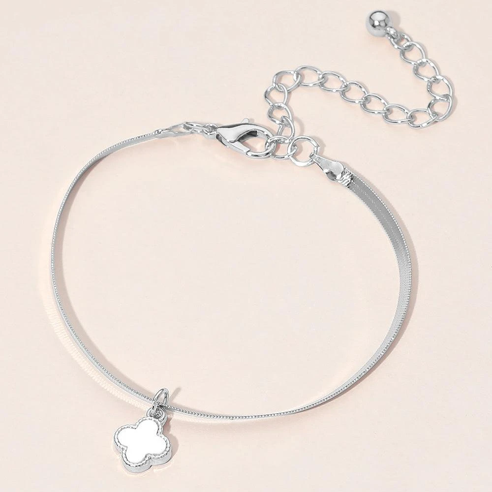 FASHNZFAB Silver Dipped Quatrefoil Charm Herringbone Chain Bracelet 4