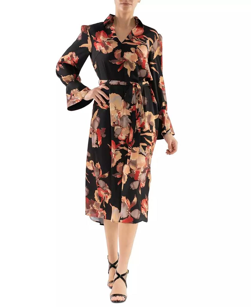 julia jordan Women's Floral-Print Belted Long-Sleeve Midi Dress 1