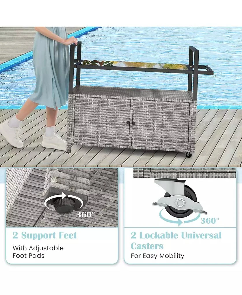 SUGIFT Outdoor Bar Cart Wicker Buffet Serving Cart with Cabinet and 8 Hooks 8