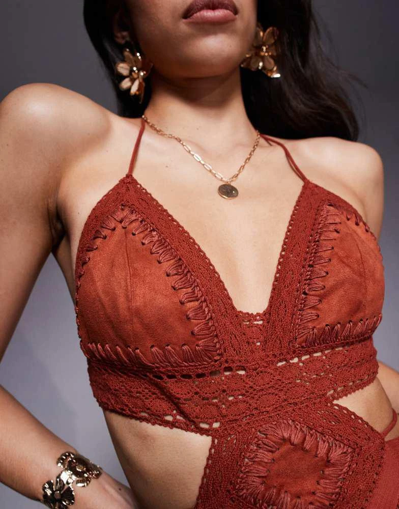 ASOS ASOS DESIGN crochet and faux suede bust tiered maxi dress with cut out in rust 2