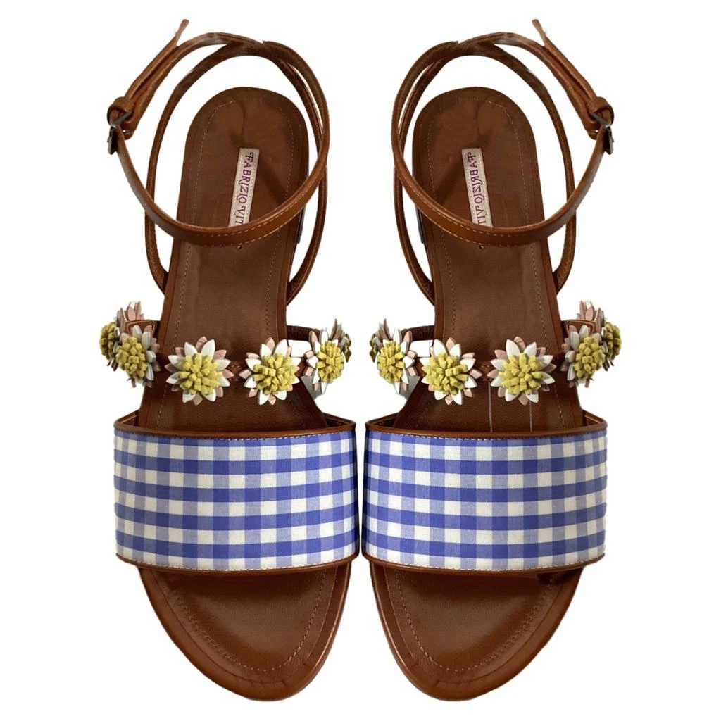 Fabrizio Viti Bea Floral-Appliqué Gingham Sandals in Blue Leather 3