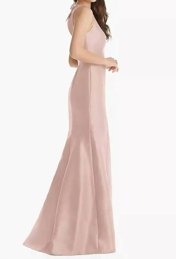 Alfred Sung Jewel Neck Bowed Open-Back Trumpet Dress With Front Slit In Toasted Sugar 3