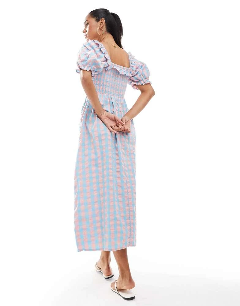 New Look New Look puff sleeve milkmaid dress in blue and pink gingham 4