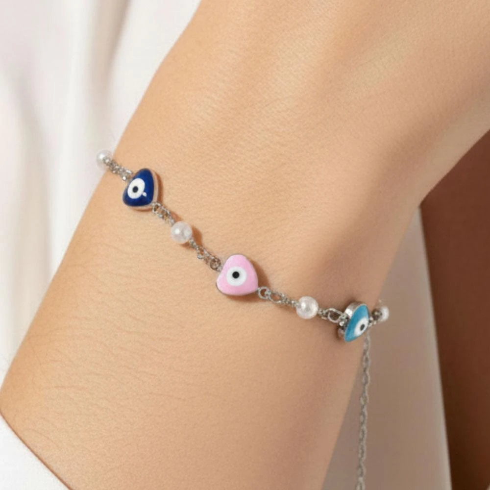 FASHNZFAB White Gold Dipped Heart Evil Eye Pearl Charm Link Bracelet 5