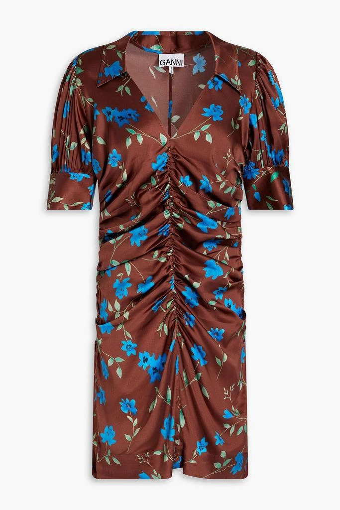 Ganni Ruched floral-print stretch-silk satin mini dress 1