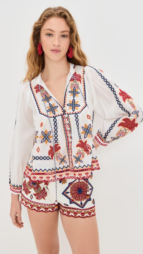 Farm Rio Marys Tiles Off White Embroidered Blouse