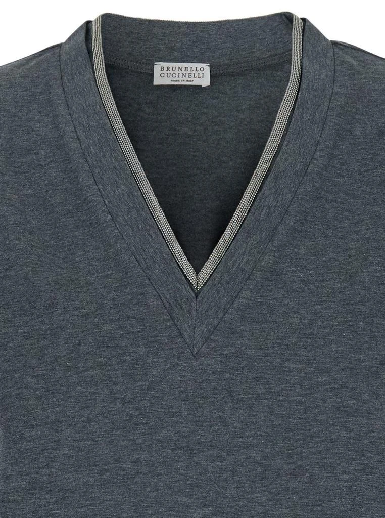 Brunello Cucinelli Grey V Neck T-Shirt With Monile Detail On The Neck In Cotton Woman 3