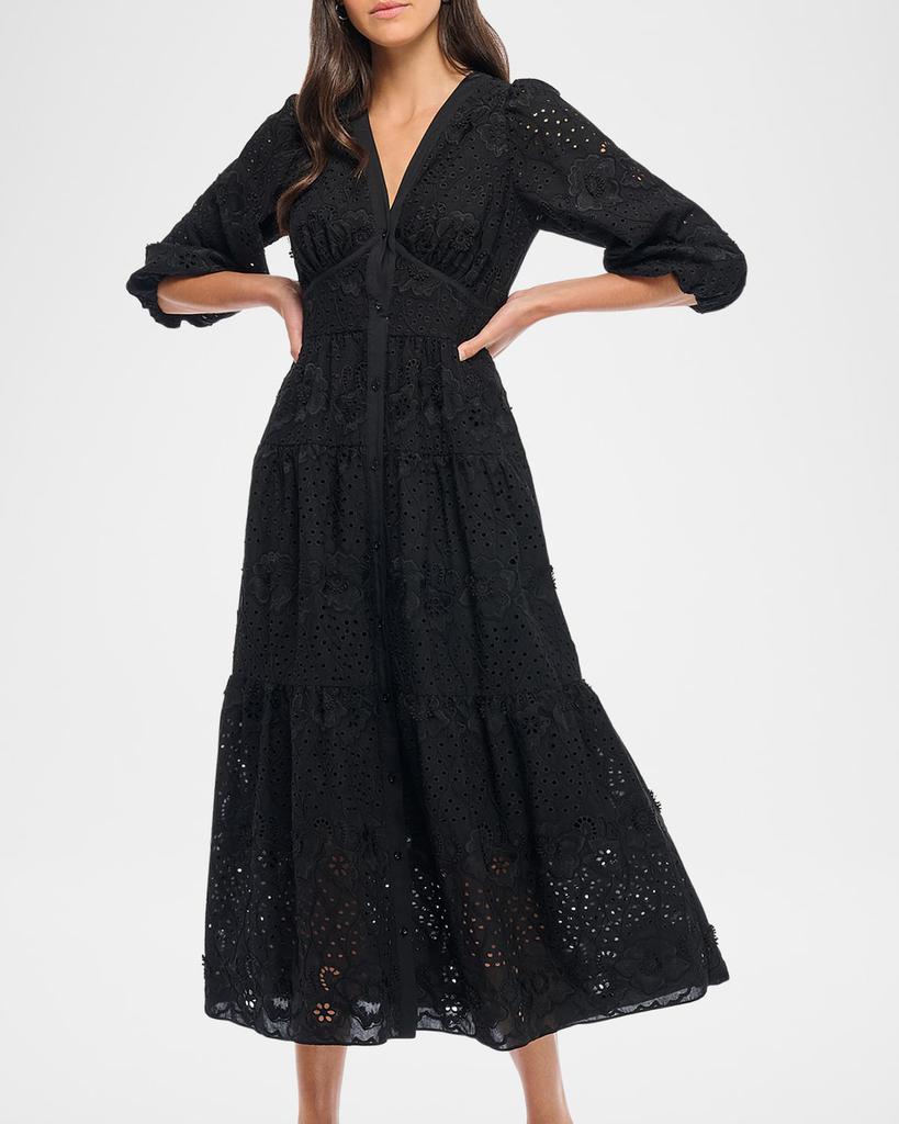 Shoshanna Sicily 3/4-Sleeve Floral Embroidered Midi Dress
