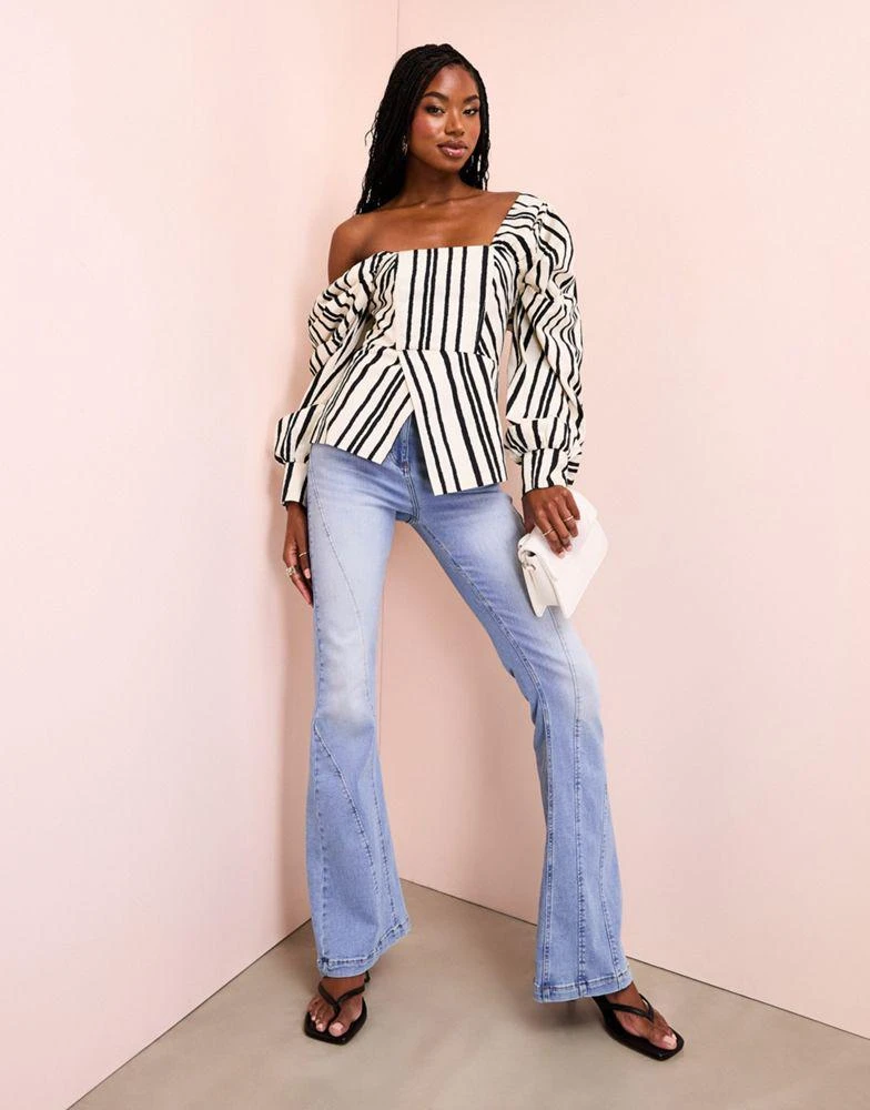 ASOS LUXE ASOS LUXE cotton poplin exaggerated sleeve top in black and cream stripe 2